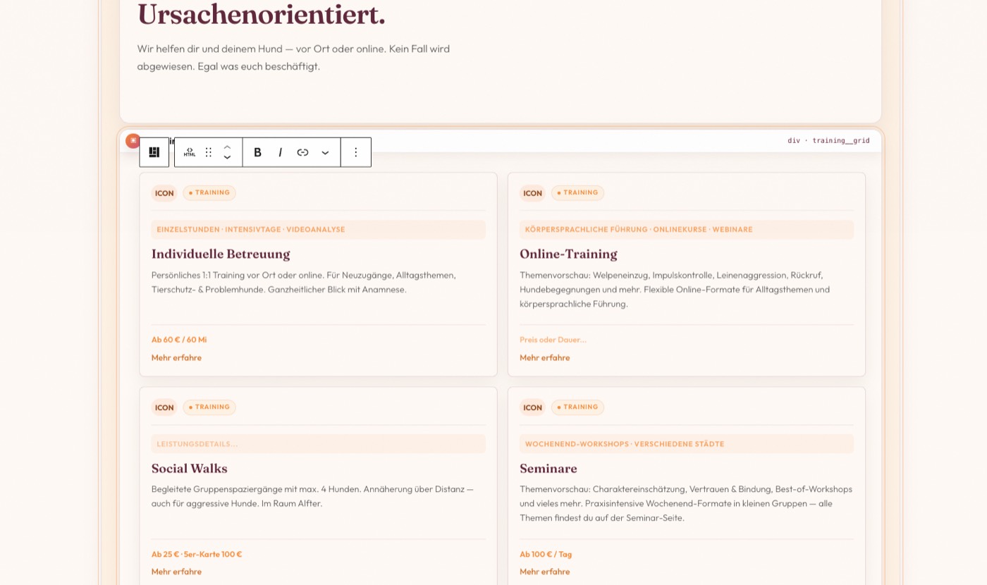 Hundesommer Trainingskarten im Gutenberg-Editor