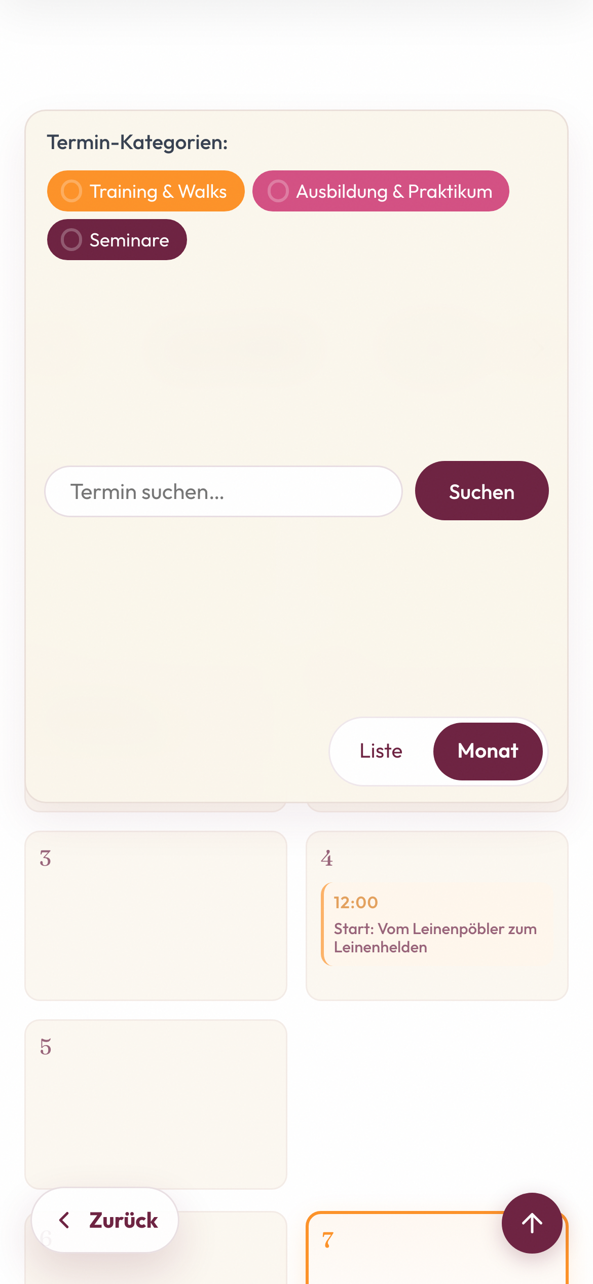 Finale mobile Hundesommer Kalenderansicht mit fixierten Bedienelementen